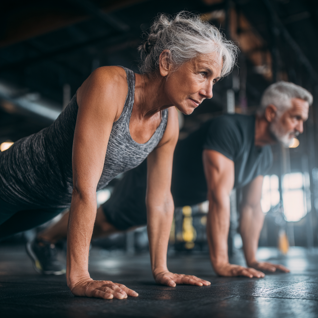 Mature adults doing functional fitness exercises in well-equipped gym