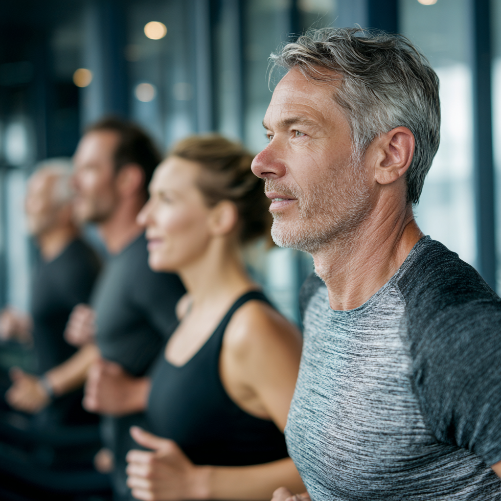 Middle-aged adults exercising in modern fitness facility